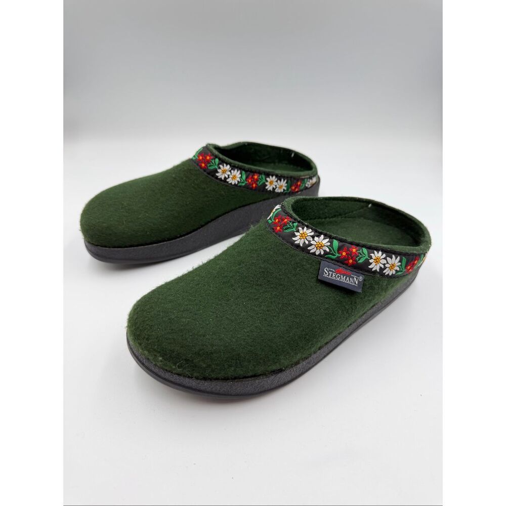 Stegmann Edelweiss Wool Clogs Green Alpine Floral Trim Women’s Size 8.5/9